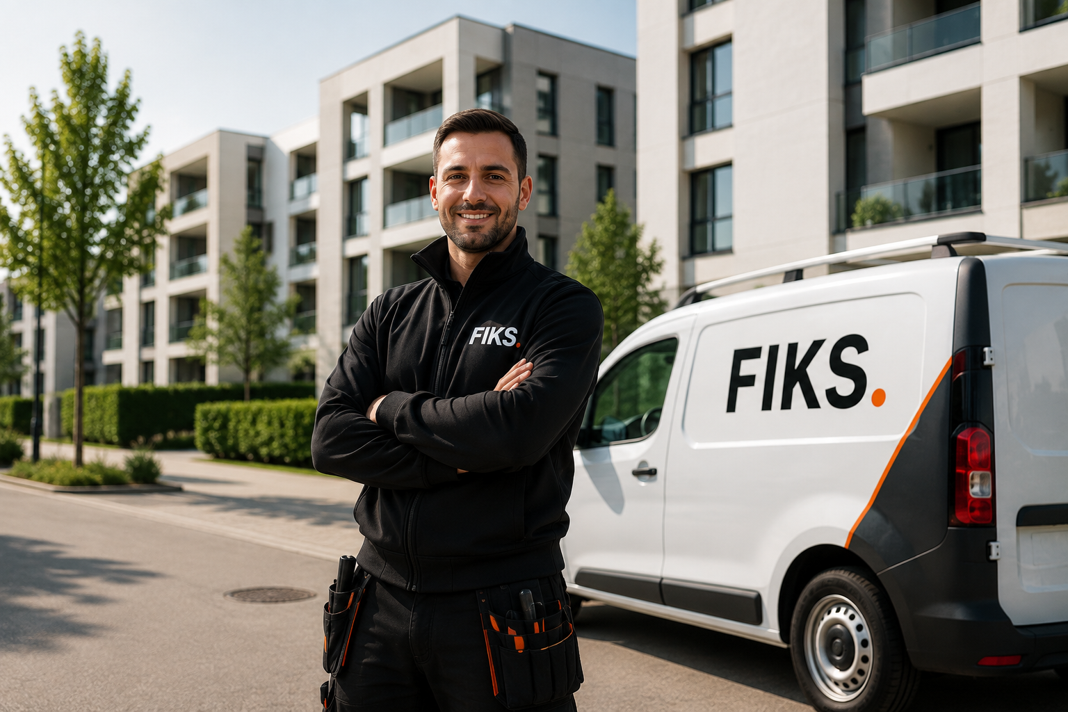 FIKS. Fachkraft vor moderner Liegenschaft mit FIKS. Servicefahrzeug
